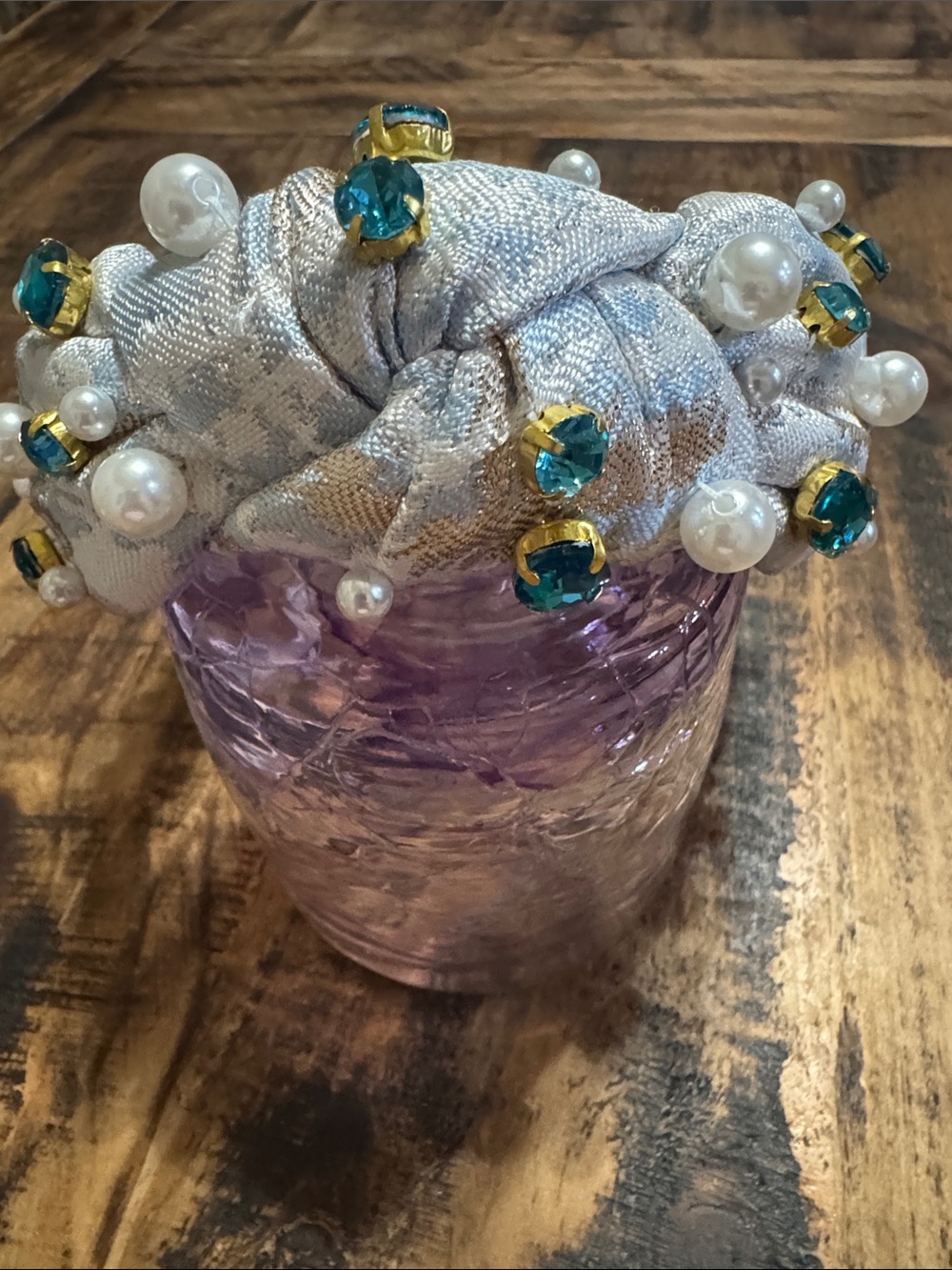 Brianna Cannon Ivory/Blue/Gold Knotted Headband with Teal Crystals & Pearls